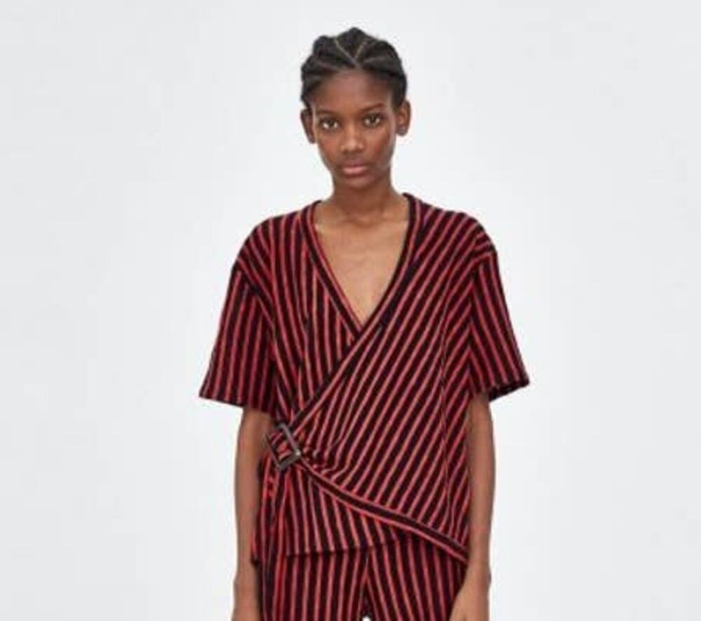 Zara Red Navy Blue Stripe Faux Wrap Knit Top S Small Buckle